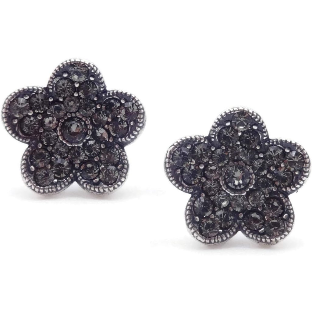 Catherine Popesco Dark Grey Crystal Flower Silver Plated Post Earrings New 26$